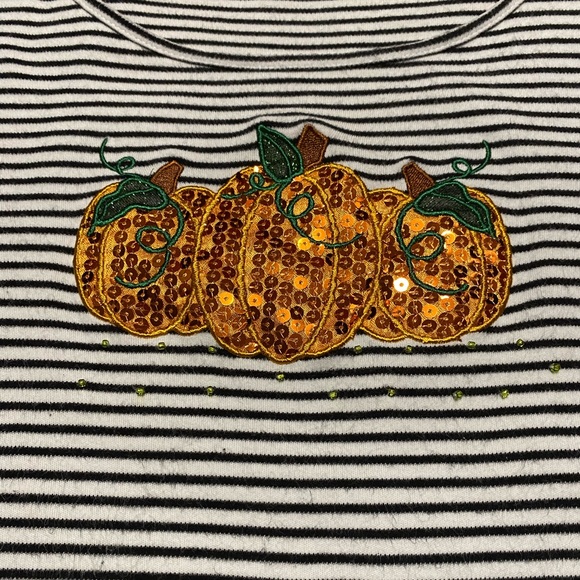 Draper’s & Damon’s Sequin Pumpkin Top Three Quarter Sleeve Shirt Stripes Autumn - Picture 8 of 11